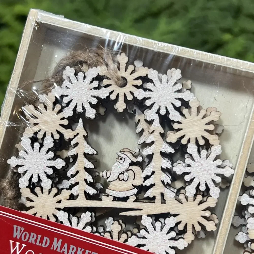 World Market Wood Christmas Scene Ornaments Set of 12 White Glitter Peace Merry
